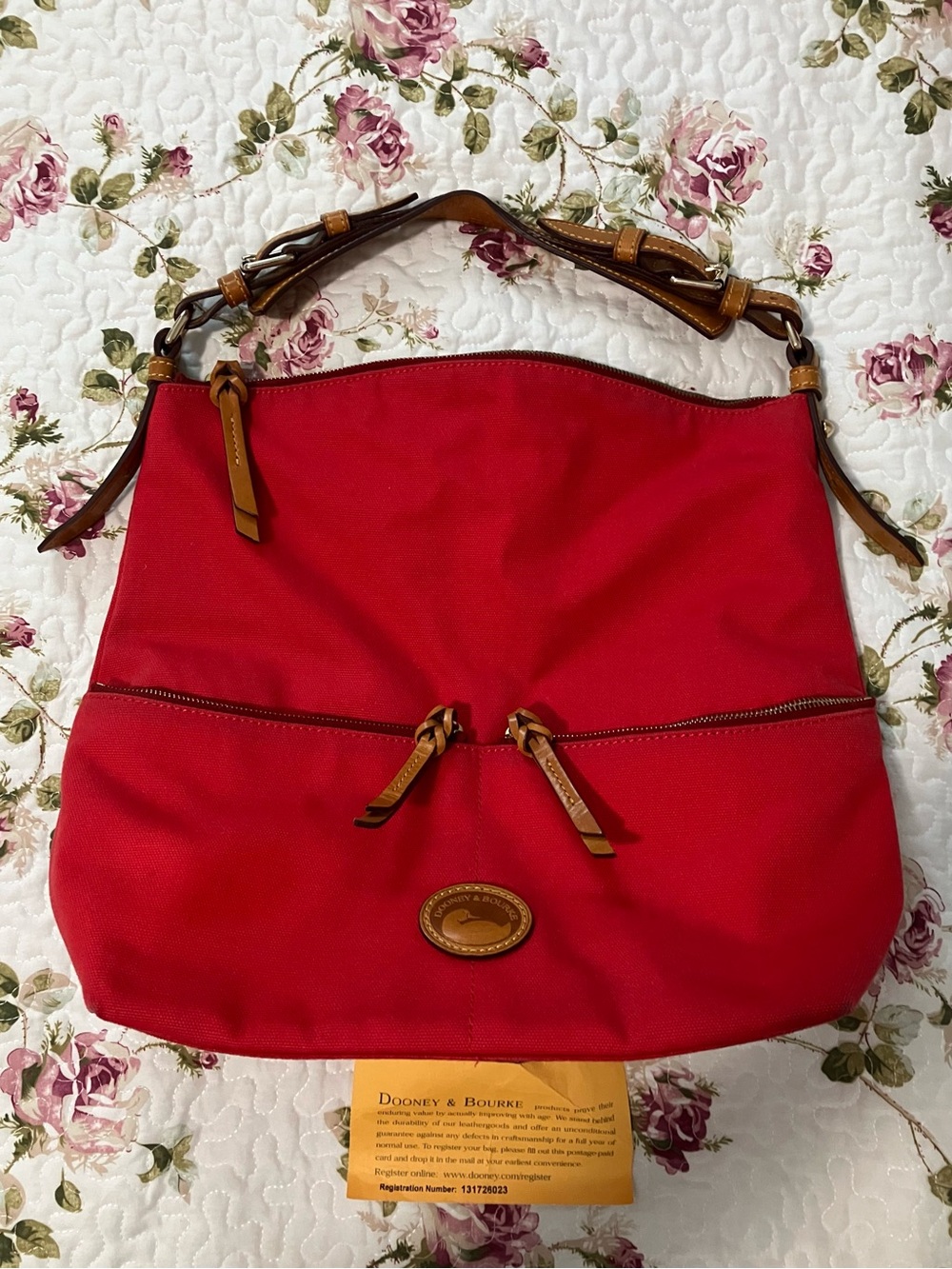 Beautiful Vintage Dooney & Bourke Red Shoulder Bag with Tan Leather Trim